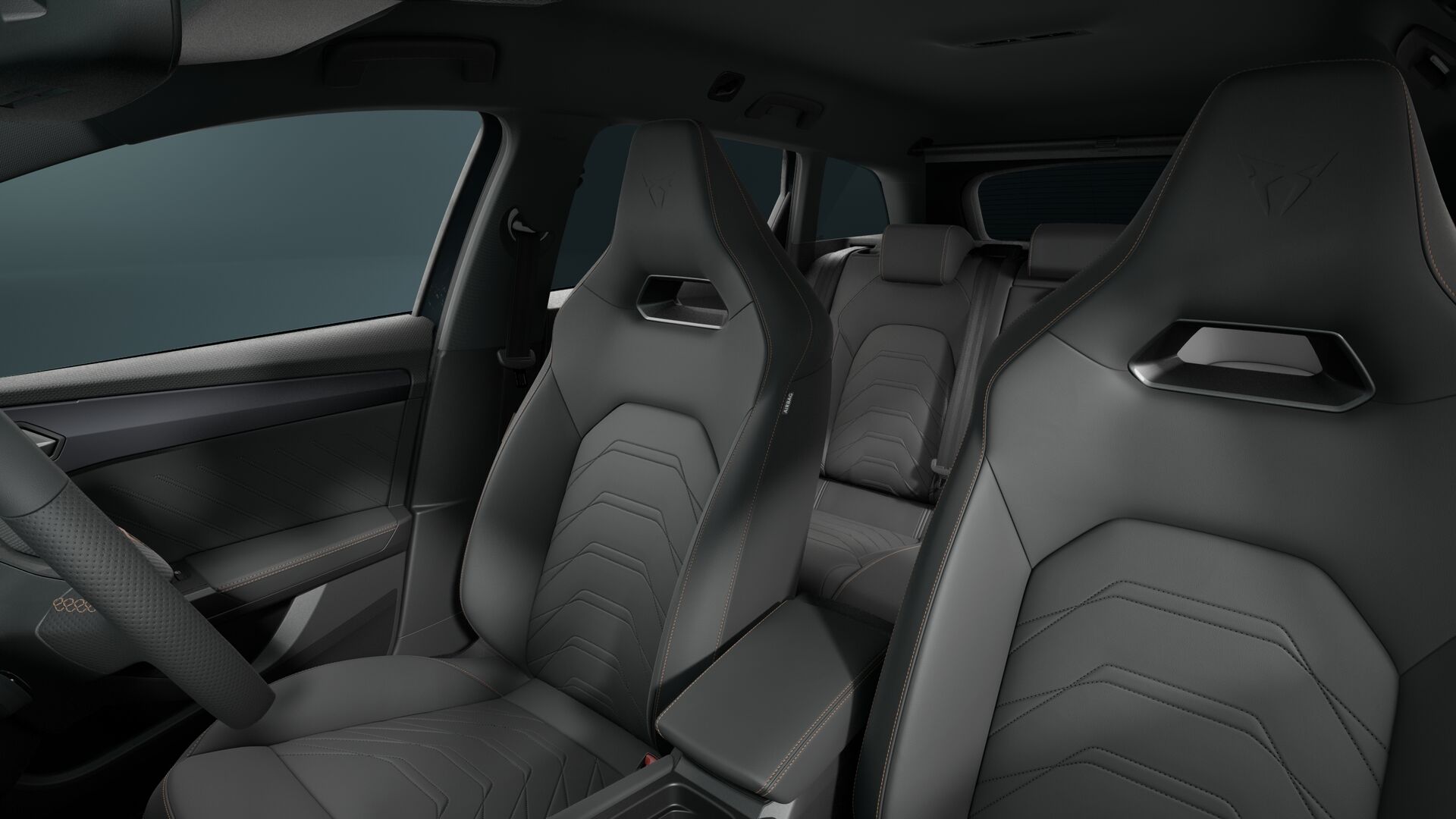 Moon Slate Metallic leather bucket seats with copper stitching and embroidered CUPRA logo in headrest