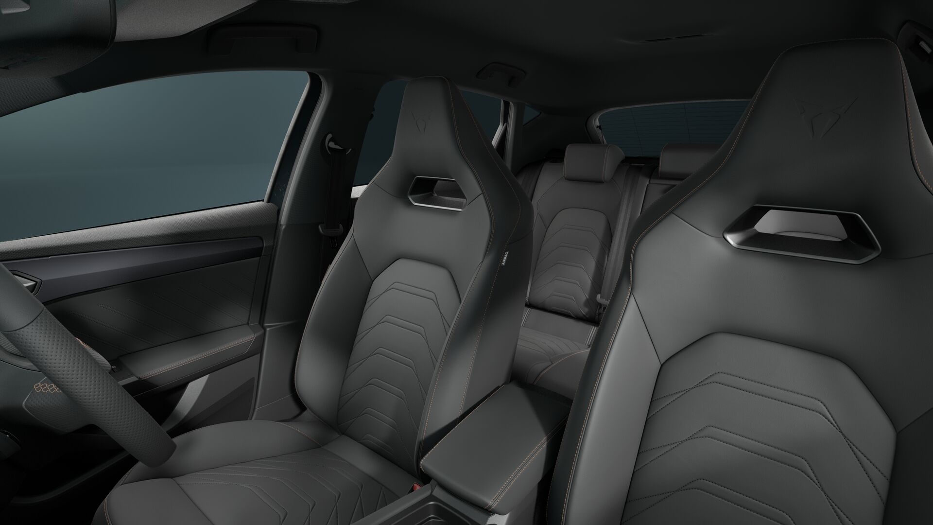 Moon Slate Metallic leather bucket seats with copper stitching and embroidered CUPRA logo in headrest